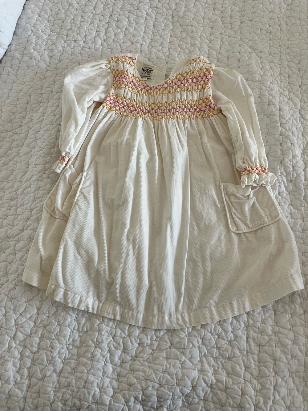 Cream Smocked Long-Sleeve Kids Dress with Pink & Orange Accents
